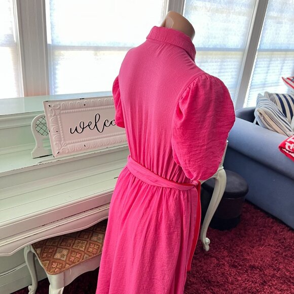 A. Calin HOT pink Puff Sleeve Textured A-Line Midi Dress sz S - Picture 9 of 12